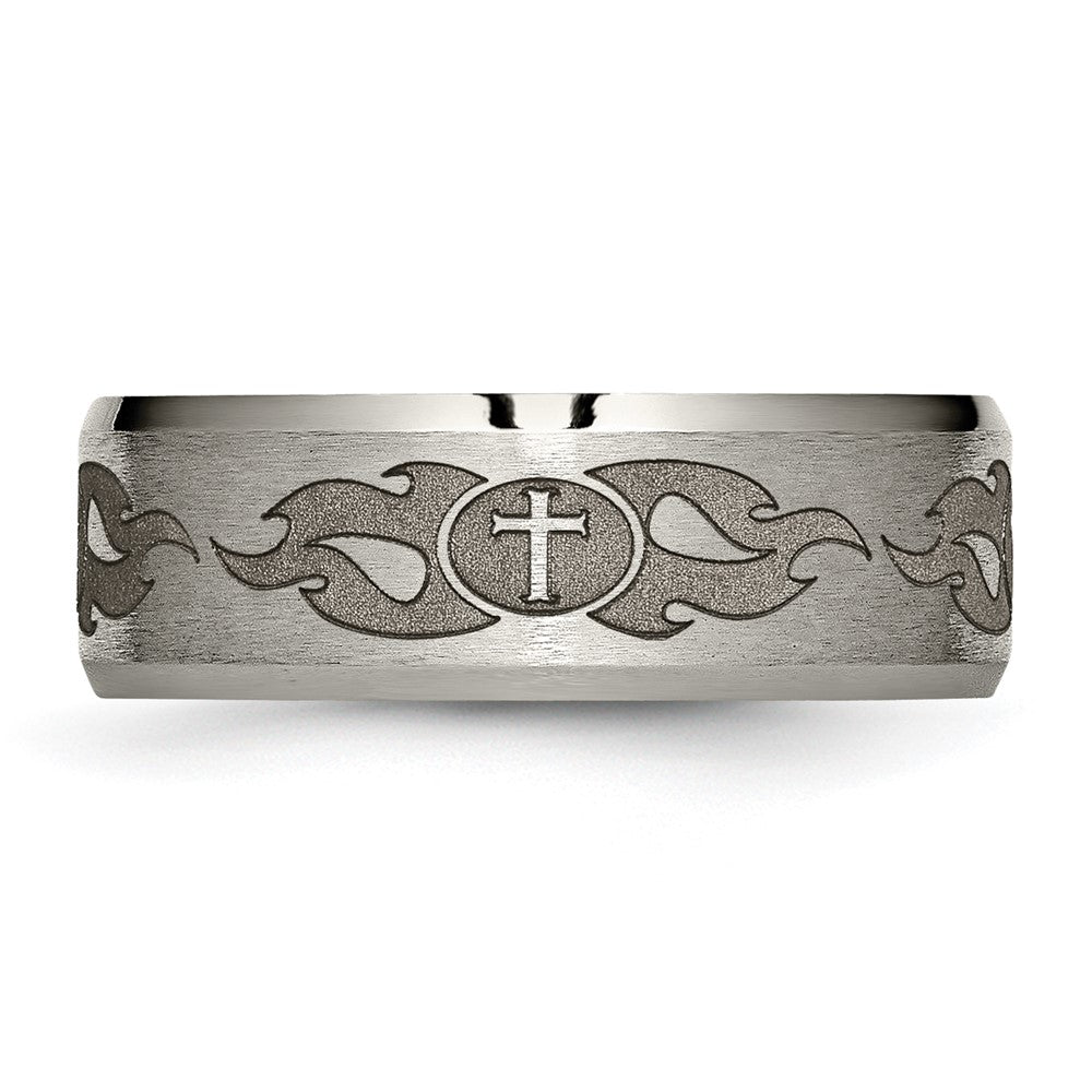 Chisel Titanium Brushed and Polished Cross Laser Design 8mm Beveled Edge Band