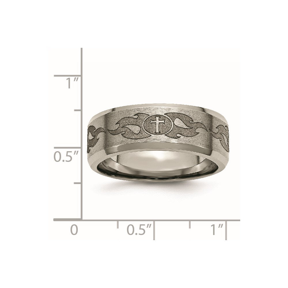 Chisel Titanium Brushed and Polished Cross Laser Design 8mm Beveled Edge Band