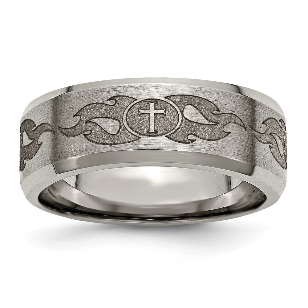 Chisel Titanium Brushed and Polished Cross Laser Design 8mm Beveled Edge Band
