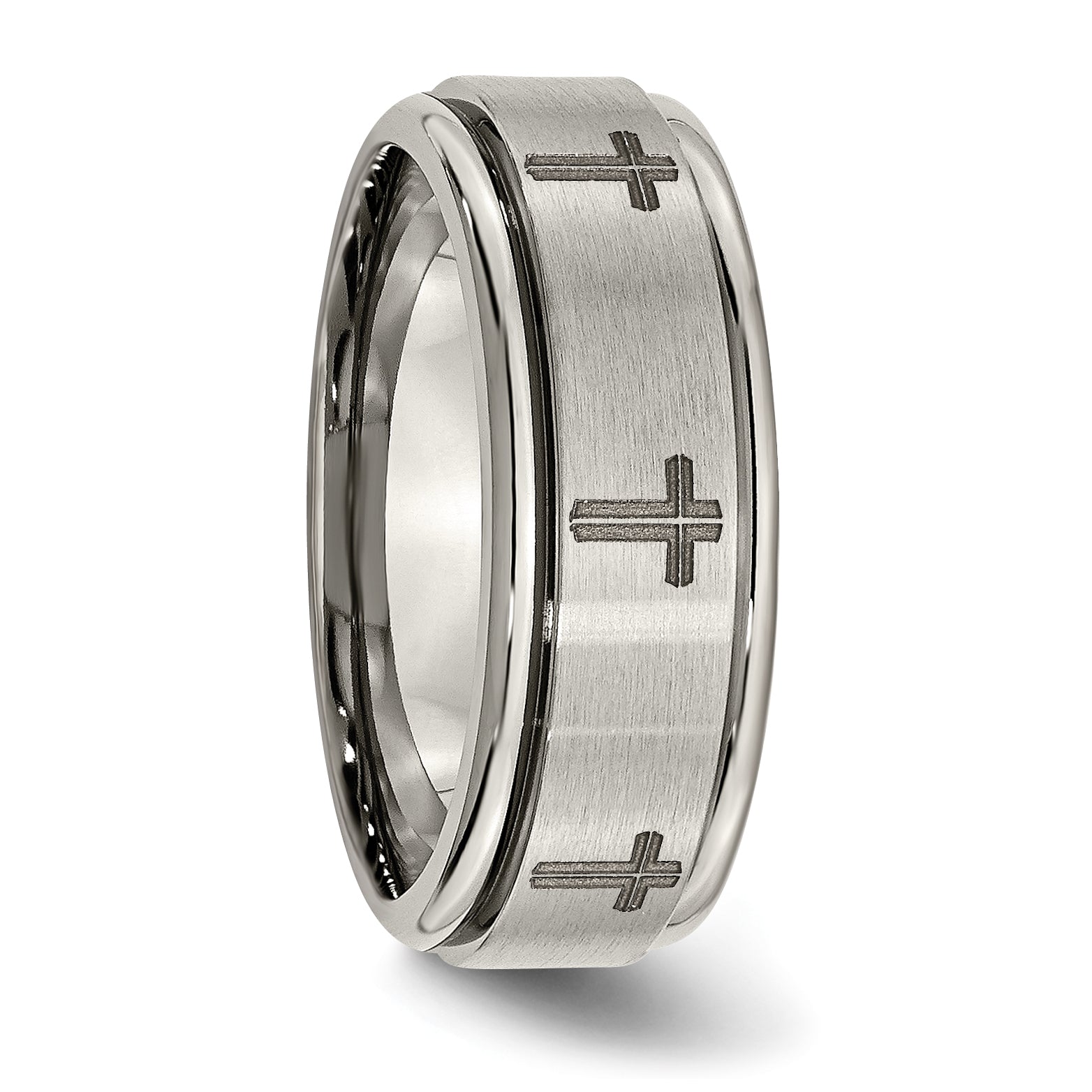 Chisel Titanium Brushed and Polished Cross Laser Design 8mm Ridged Edge Band