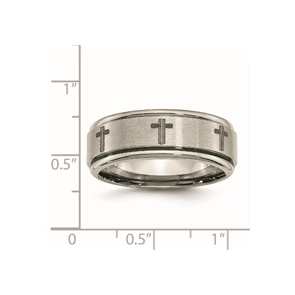 Chisel Titanium Brushed and Polished Cross Laser Design 8mm Ridged Edge Band
