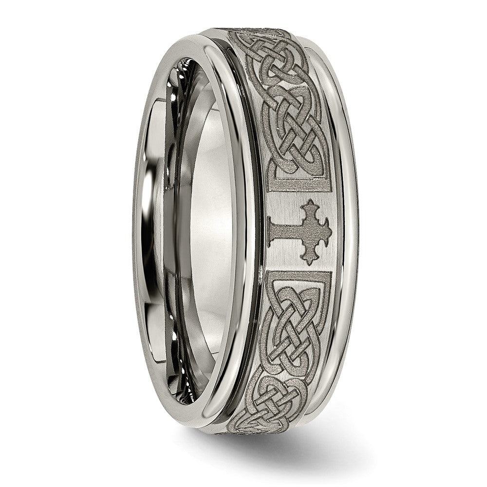 Chisel Titanium Brushed and Polished Cross Laser Design 8mm Ridged Edge Band