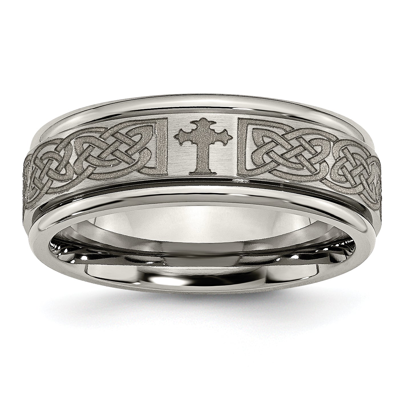 Chisel Titanium Brushed and Polished Cross Laser Design 8mm Ridged Edge Band