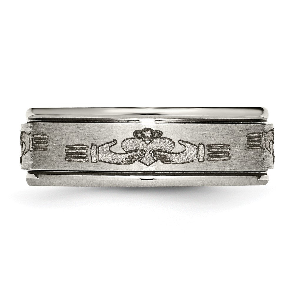 Chisel Titanium Brushed and Polished Claddagh Laser Design 8mm Ridged Edge Band