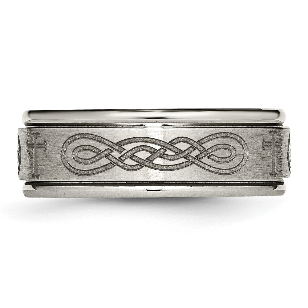 Chisel Titanium Brushed and Polished Cross Laser Design 8mm Ridged Edge Band