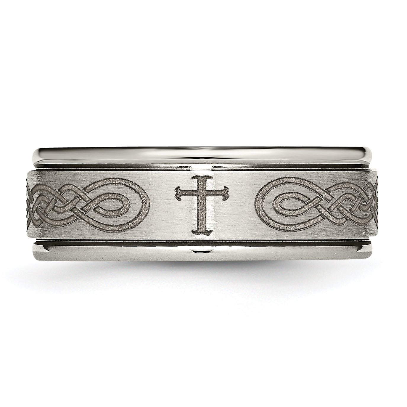 Chisel Titanium Brushed and Polished Cross Laser Design 8mm Ridged Edge Band