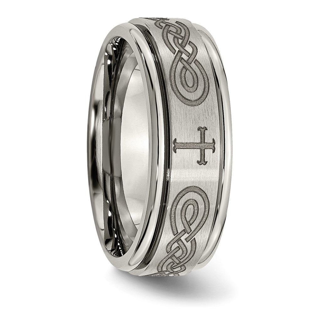 Chisel Titanium Brushed and Polished Cross Laser Design 8mm Ridged Edge Band