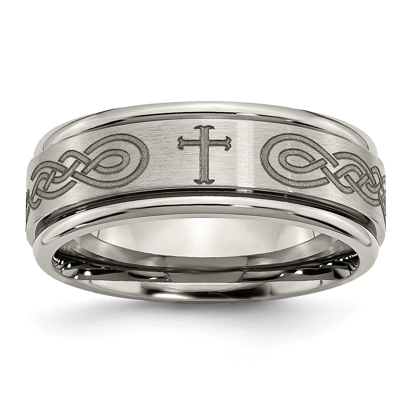 Chisel Titanium Brushed and Polished Cross Laser Design 8mm Ridged Edge Band