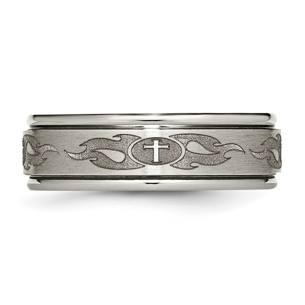 Chisel Titanium Brushed and Polished Cross Laser Design 8mm Ridged Edge Band