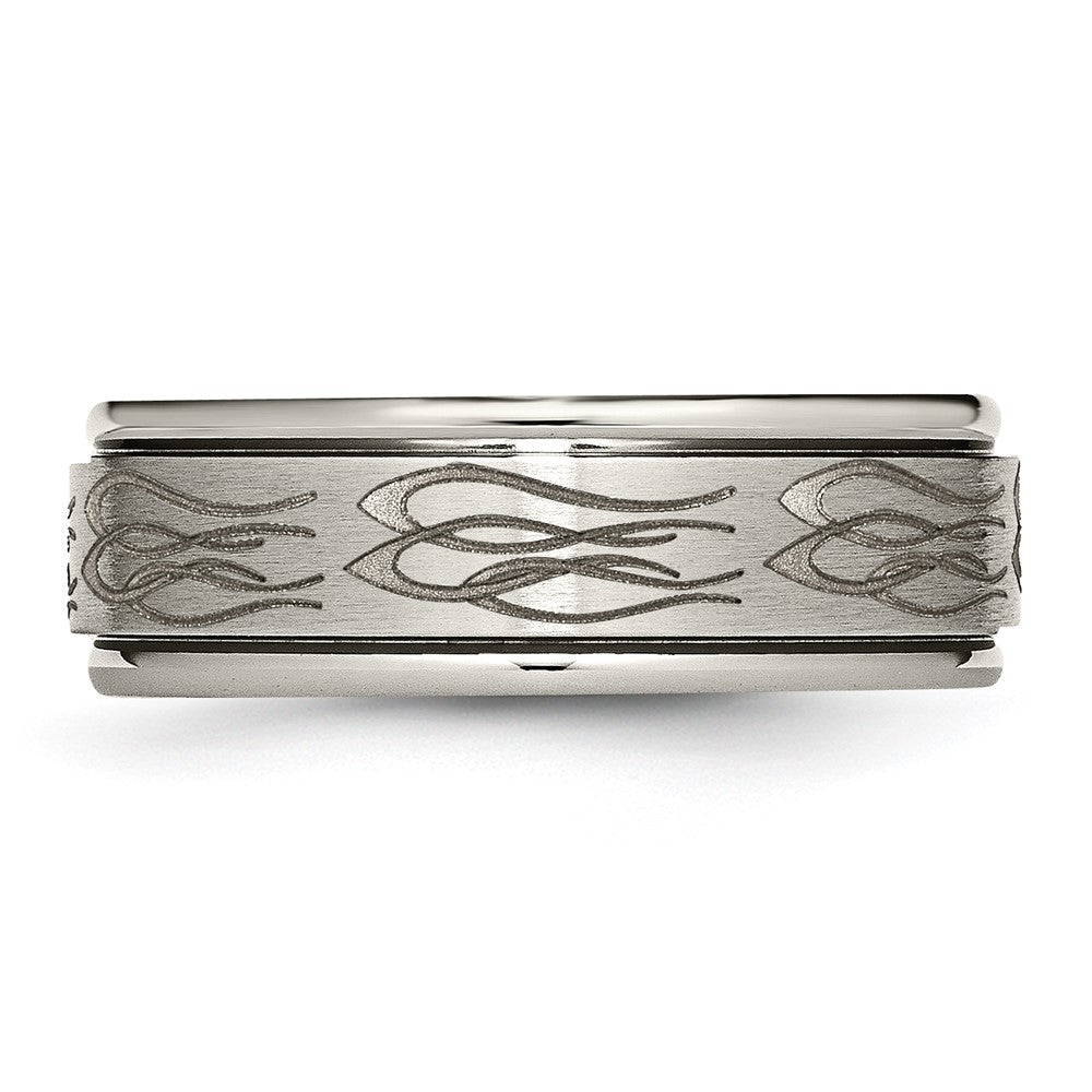 Chisel Titanium Brushed and Polished Flame Laser Design 8mm Ridged Edge Band