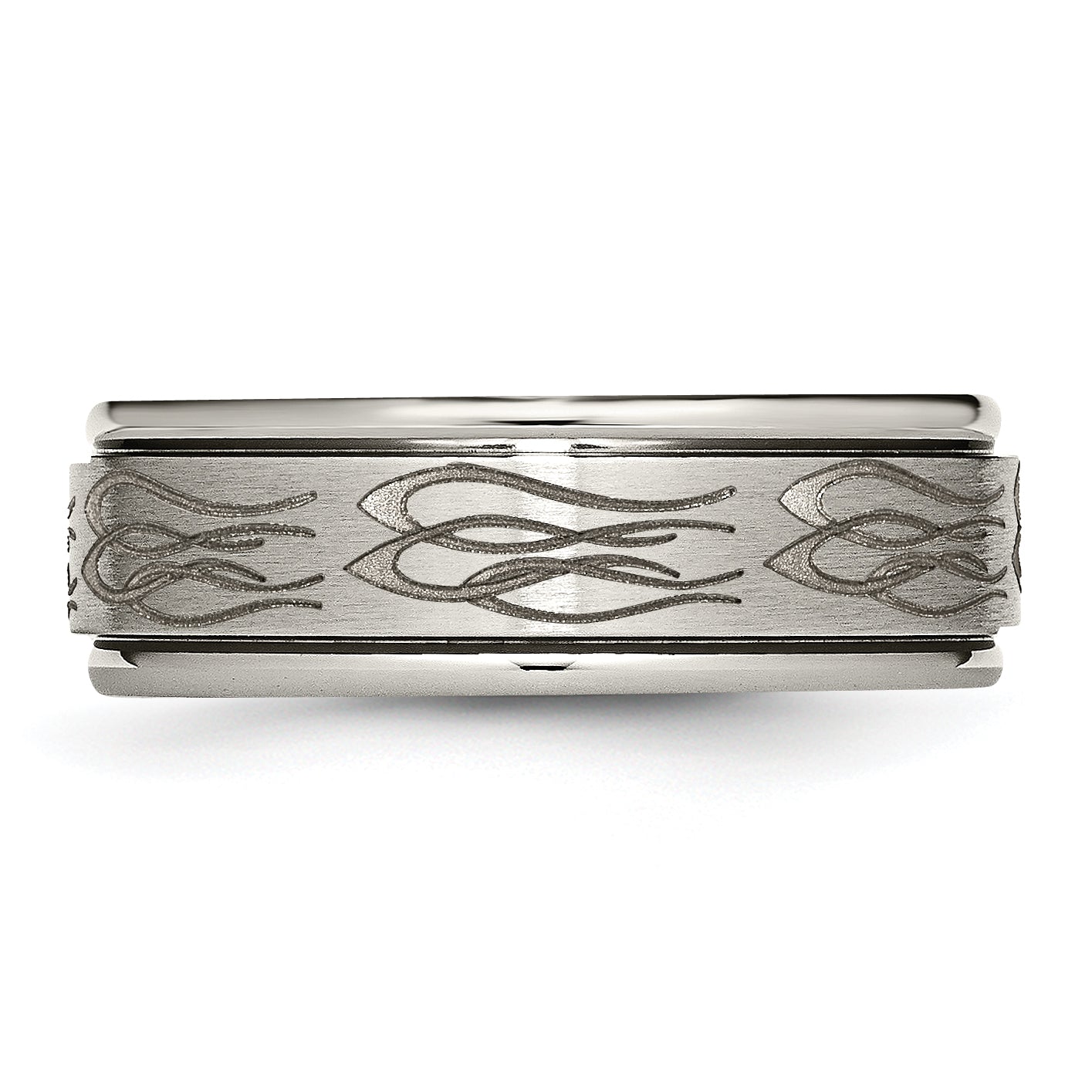 Chisel Titanium Brushed and Polished Flame Laser Design 8mm Ridged Edge Band