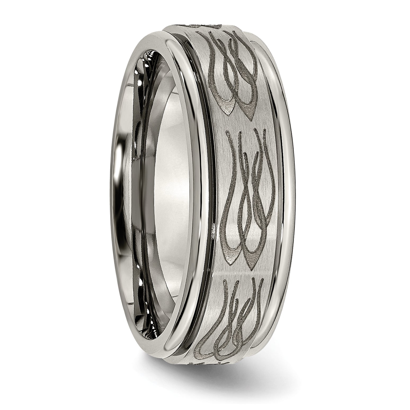 Chisel Titanium Brushed and Polished Flame Laser Design 8mm Ridged Edge Band