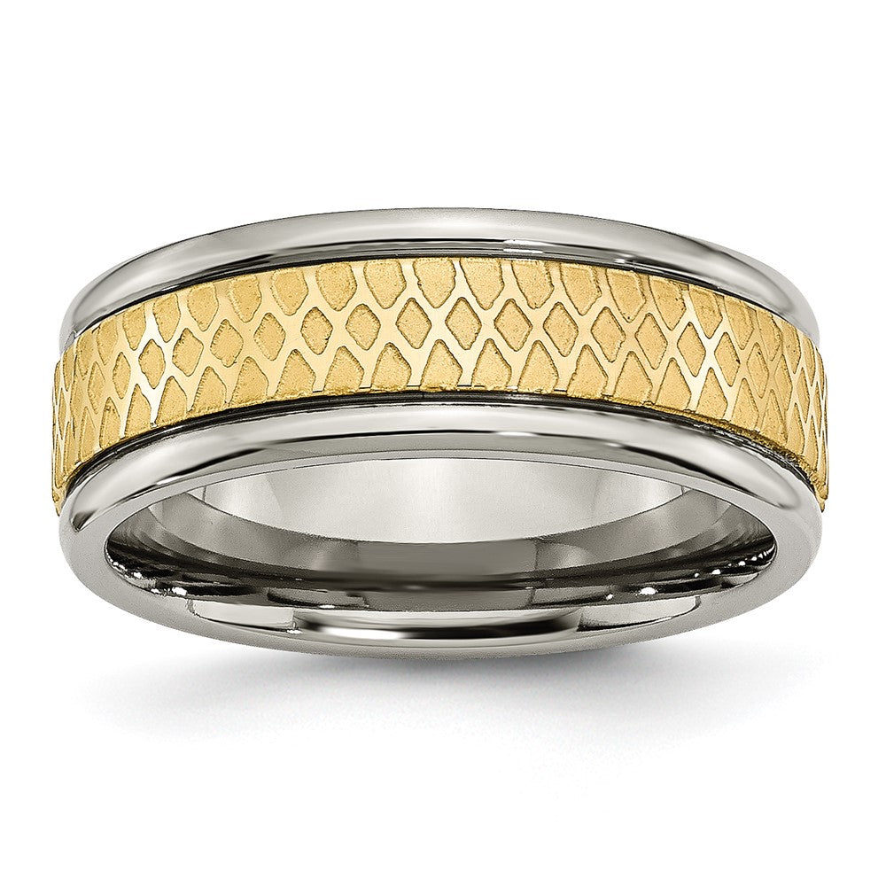 Titanium 8mm Yellow IP-plated Ridged Edge Fancy Brushed Band