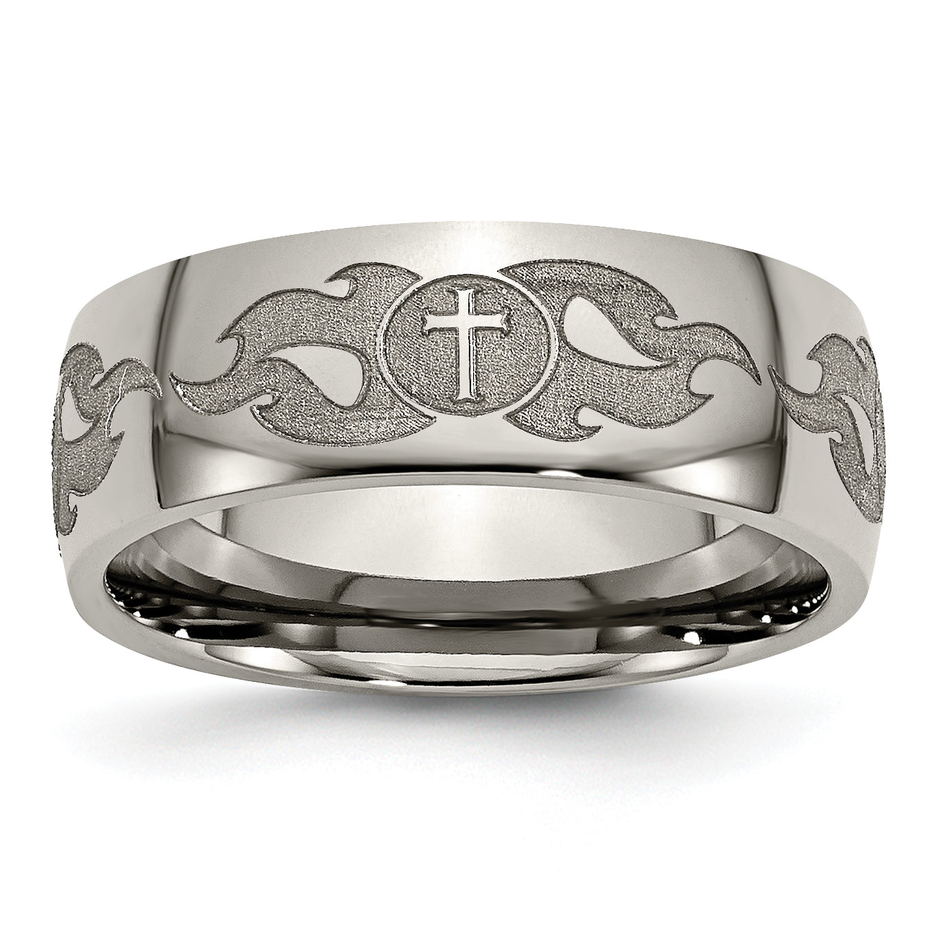 Chisel Titanium Polished Cross with Flames Laser Design 8mm Band