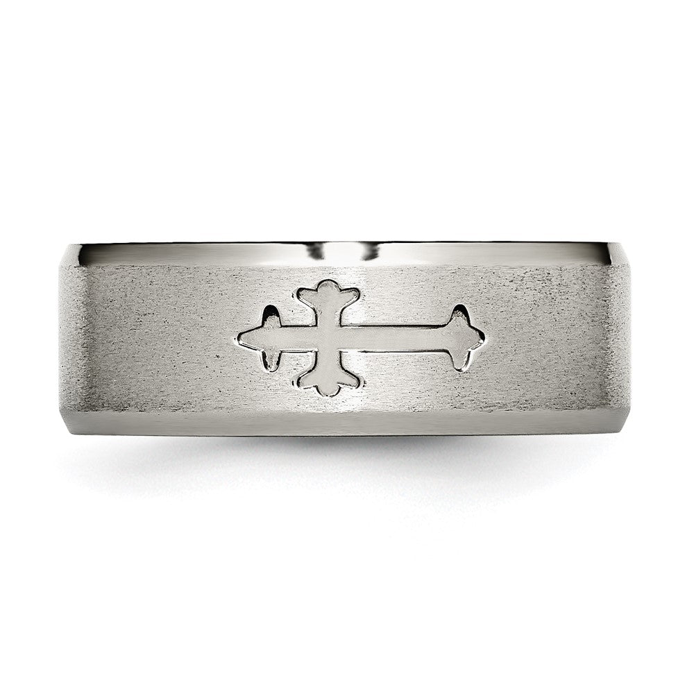 Chisel Titanium Brushed Center Cross Design 8mm Beveled Edge Band
