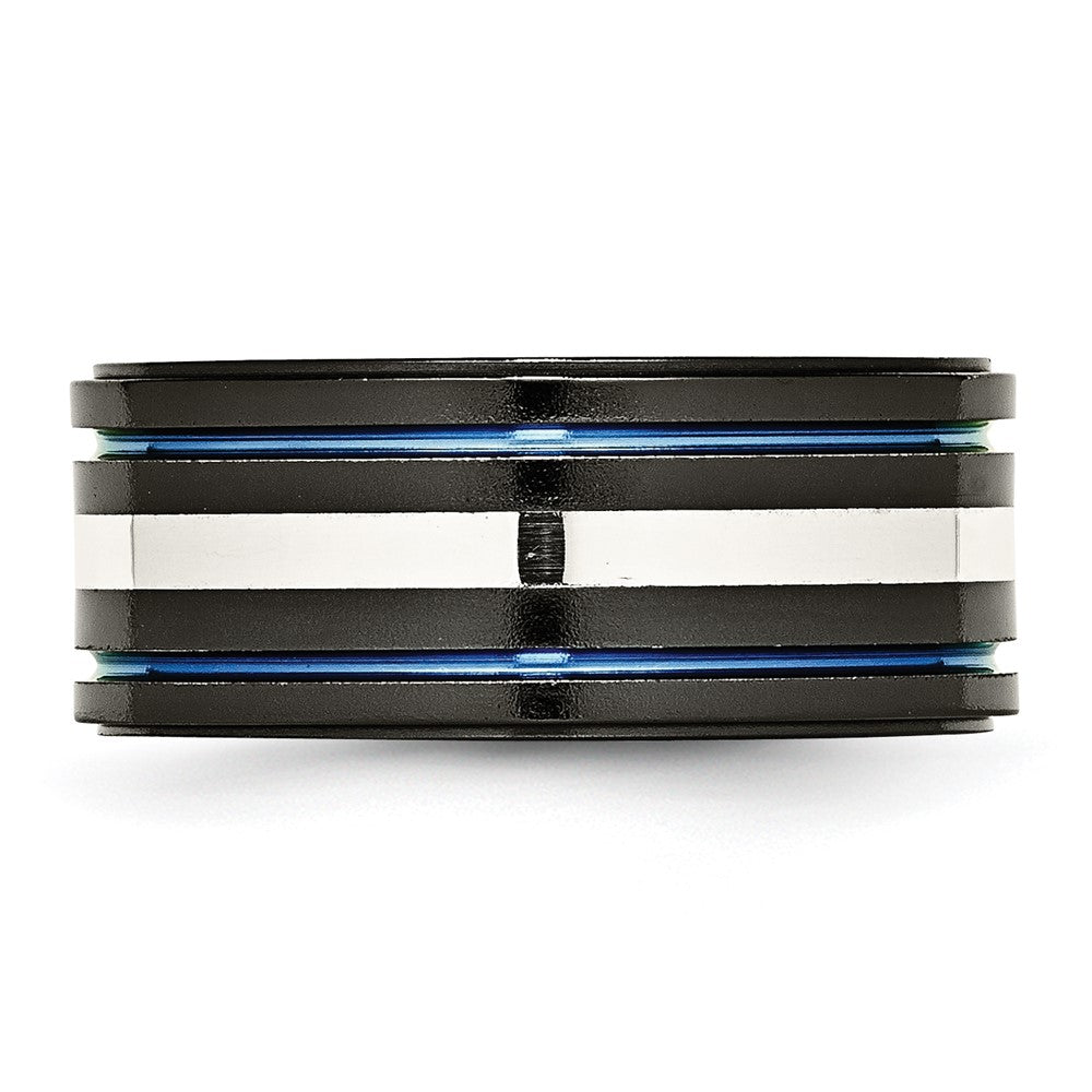 Titanium Black Ti with/Sterling Silver Inlay Blue Anodized 10mm Band
