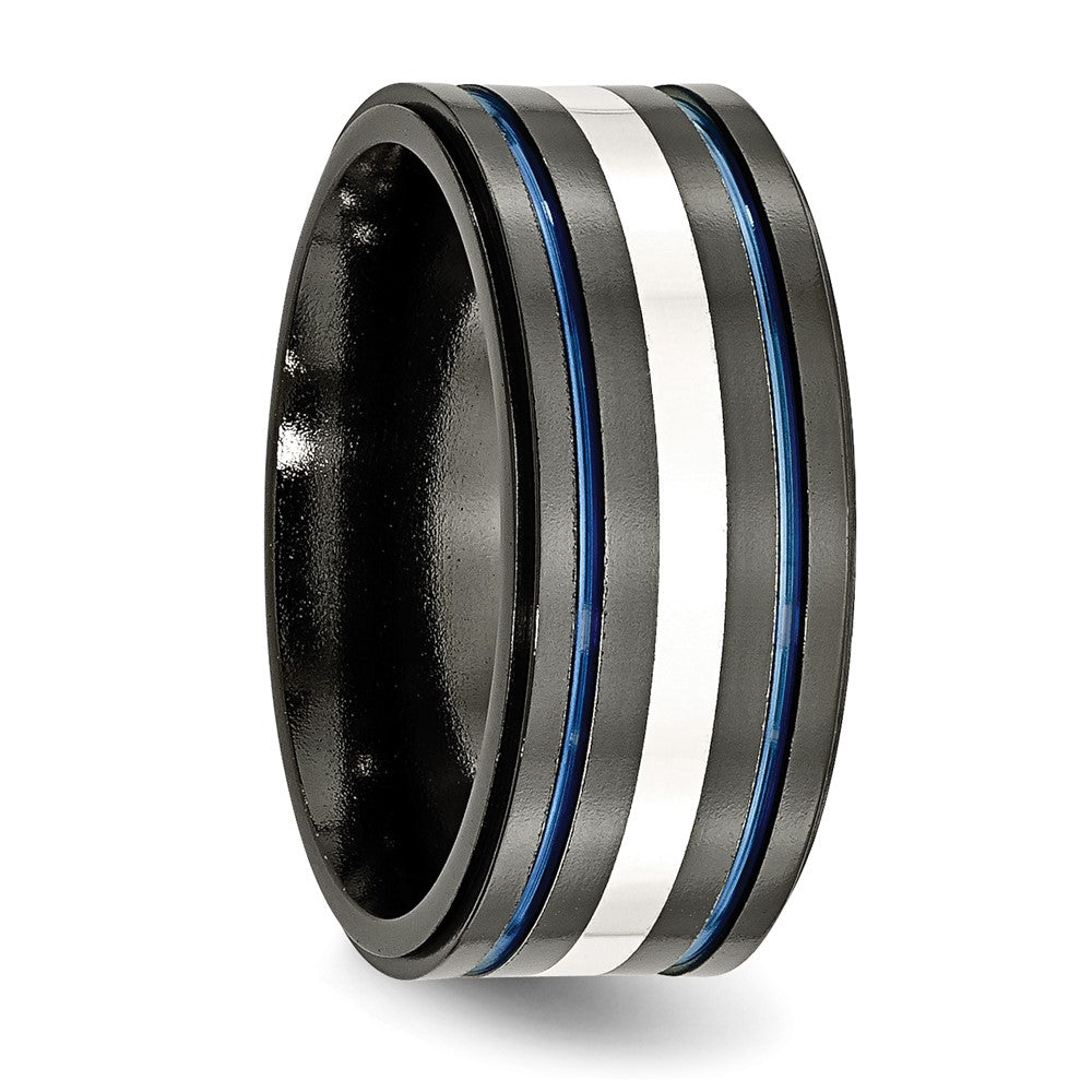 Titanium Black Ti with/Sterling Silver Inlay Blue Anodized 10mm Band