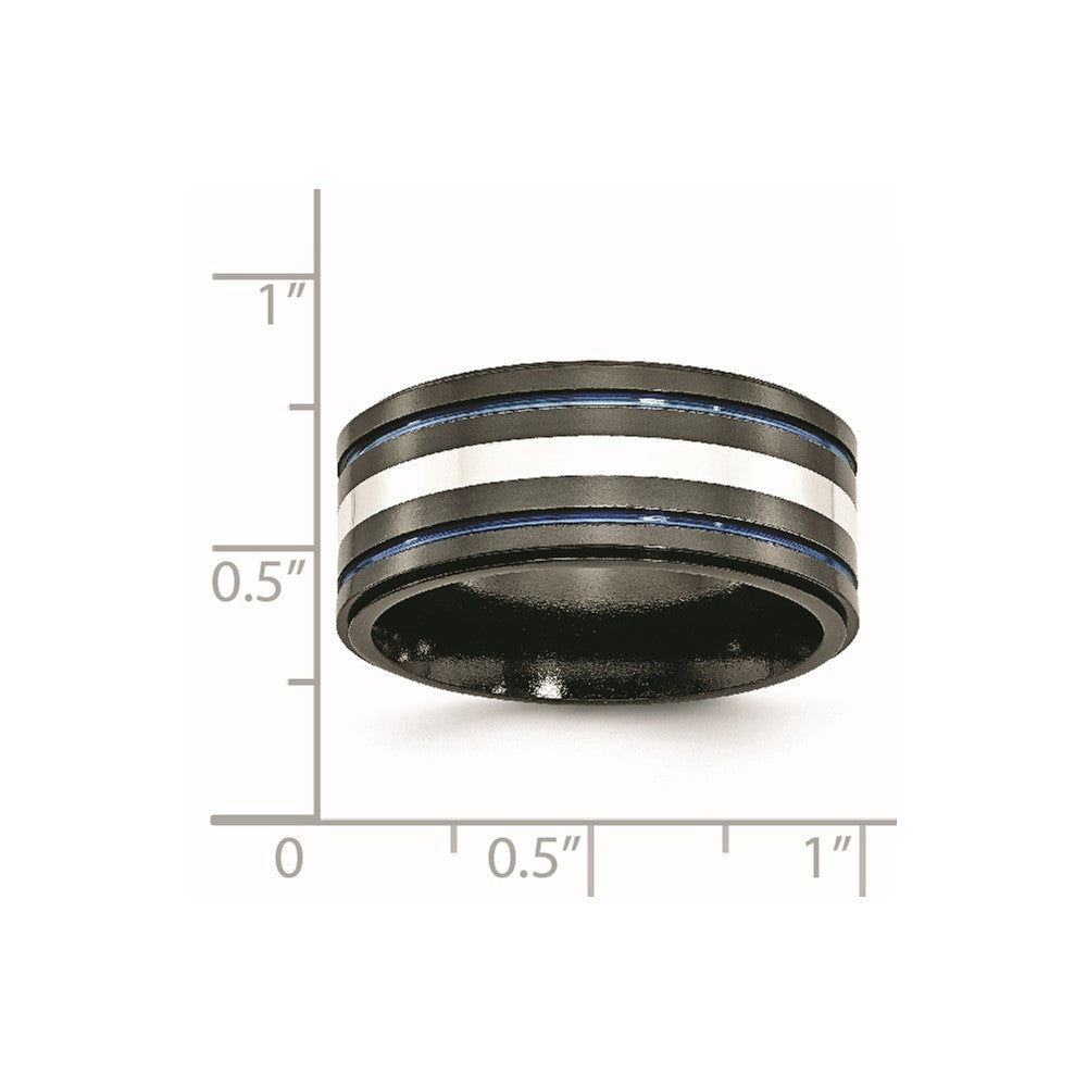 Titanium Black Ti with/Sterling Silver Inlay Blue Anodized 10mm Band