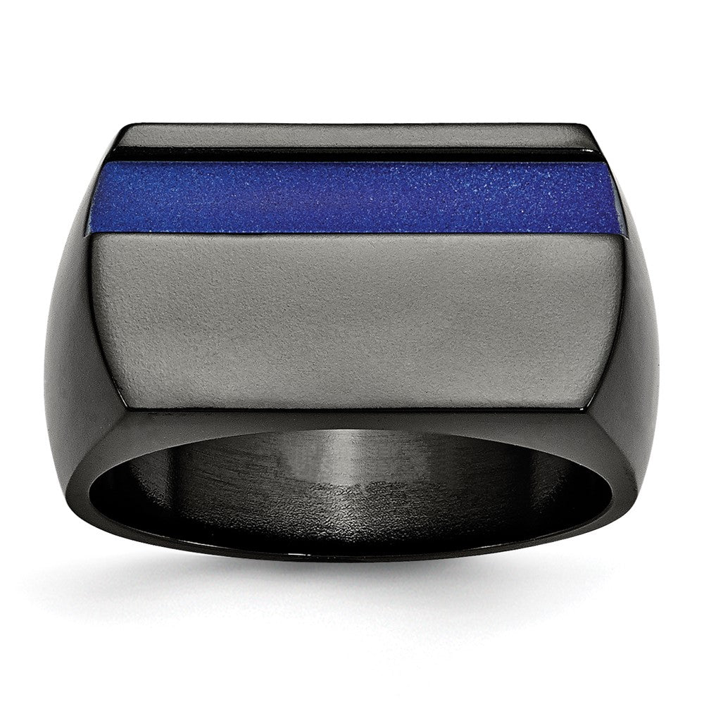 Titanium Black Ti Polished Blue Anodized Stripe Ring