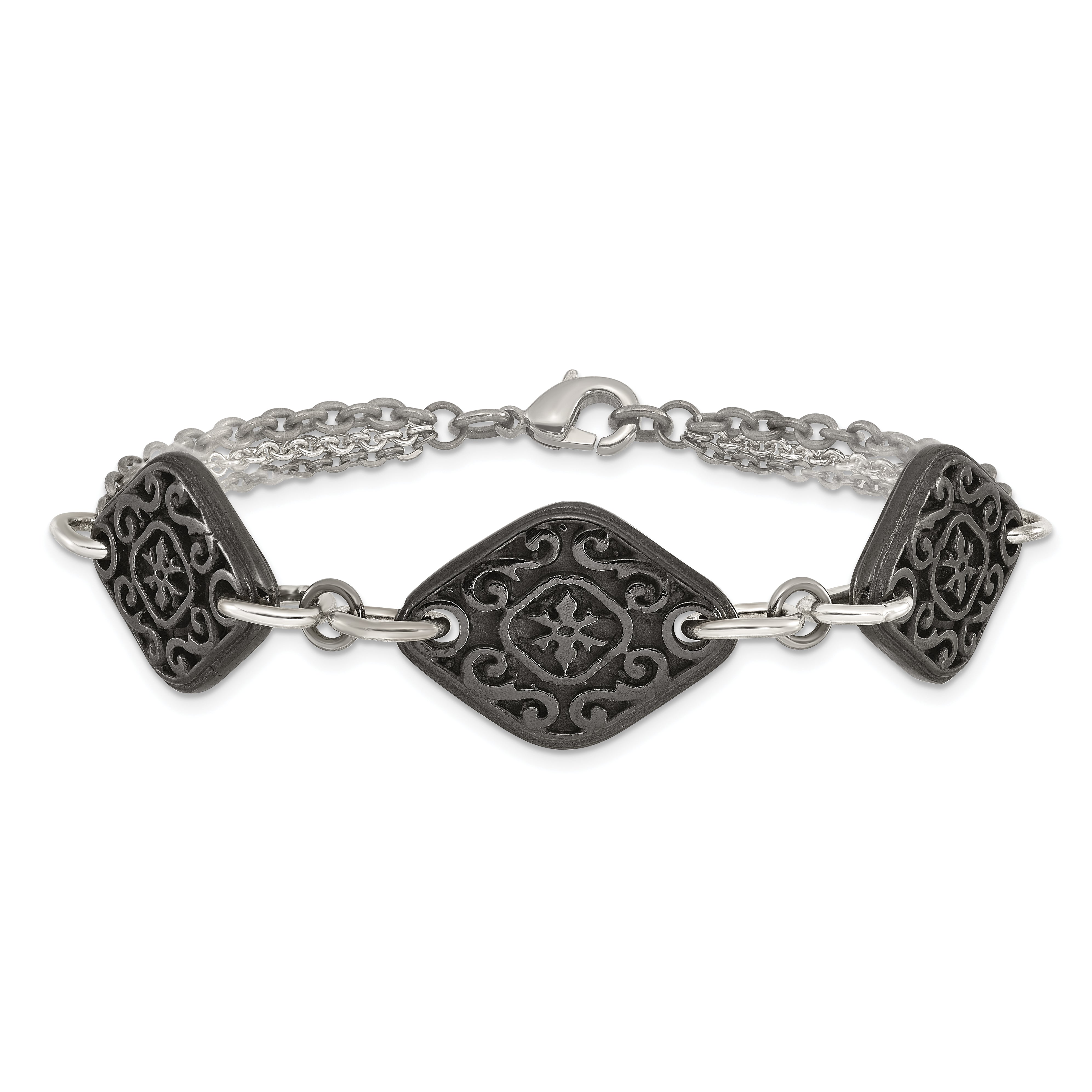 Titanium Sterling Silver Black Ti Polished & Etched 3-Charm Bracelet