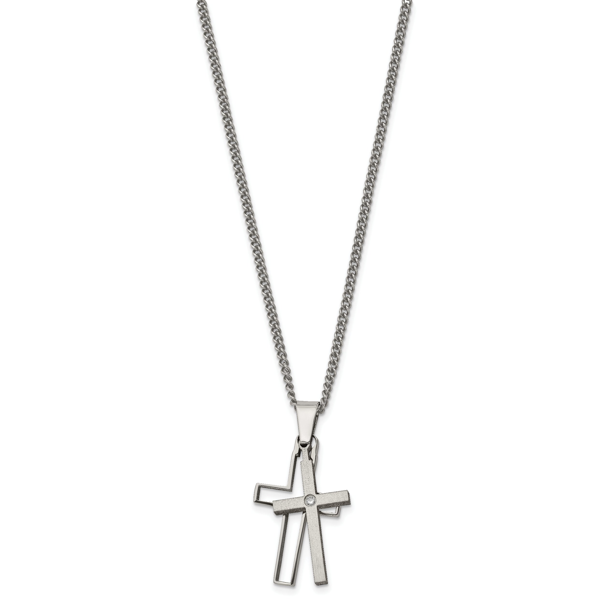 Chisel Titanium Brushed and Polished with .03 carat Diamond Cross 22 inch Necklace