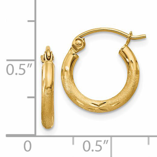 14k Satin and Diamond-cut 2mm Round Tube Hoop Earrings
