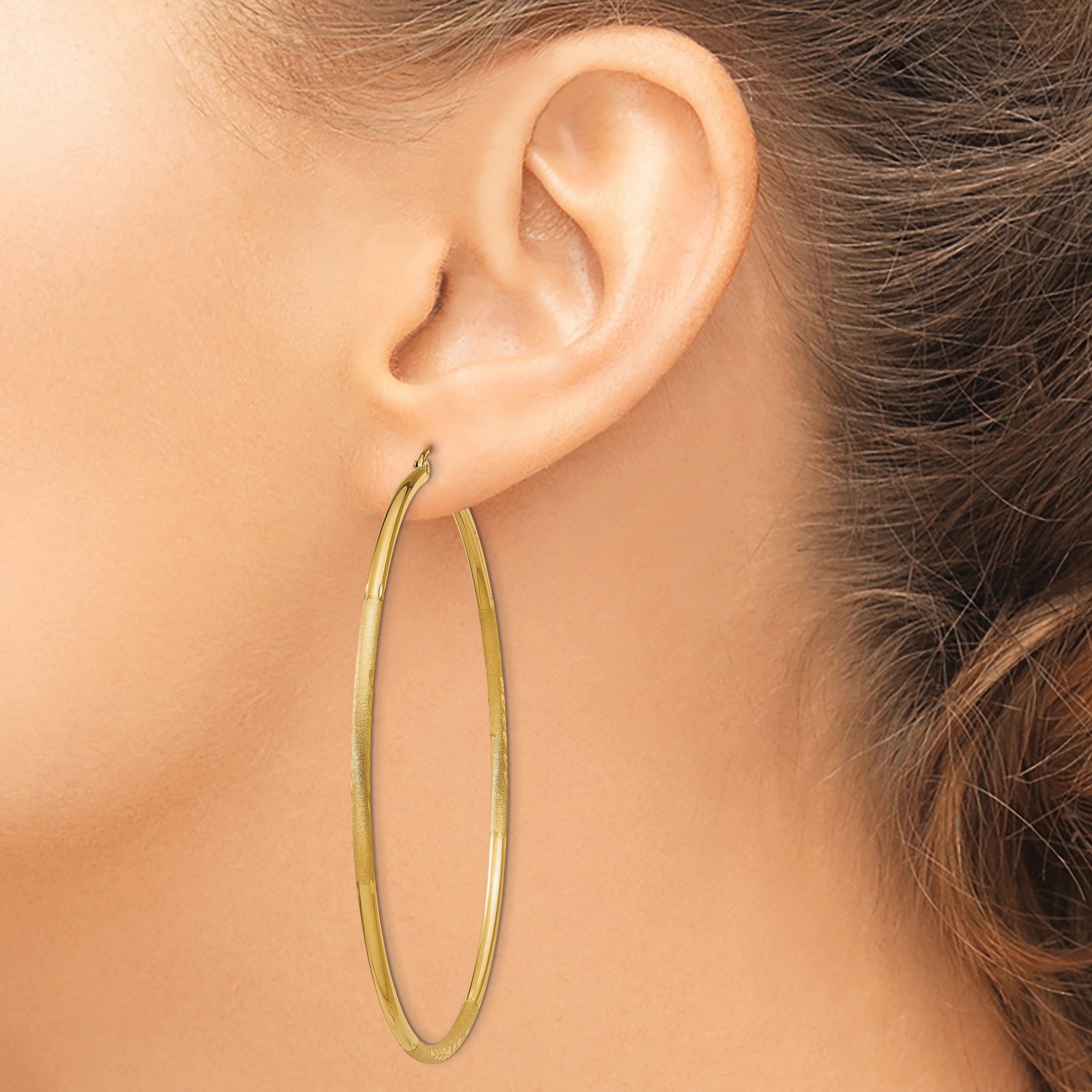 14k Satin and Diamond-cut 2mm Round Tube Hoop Earrings