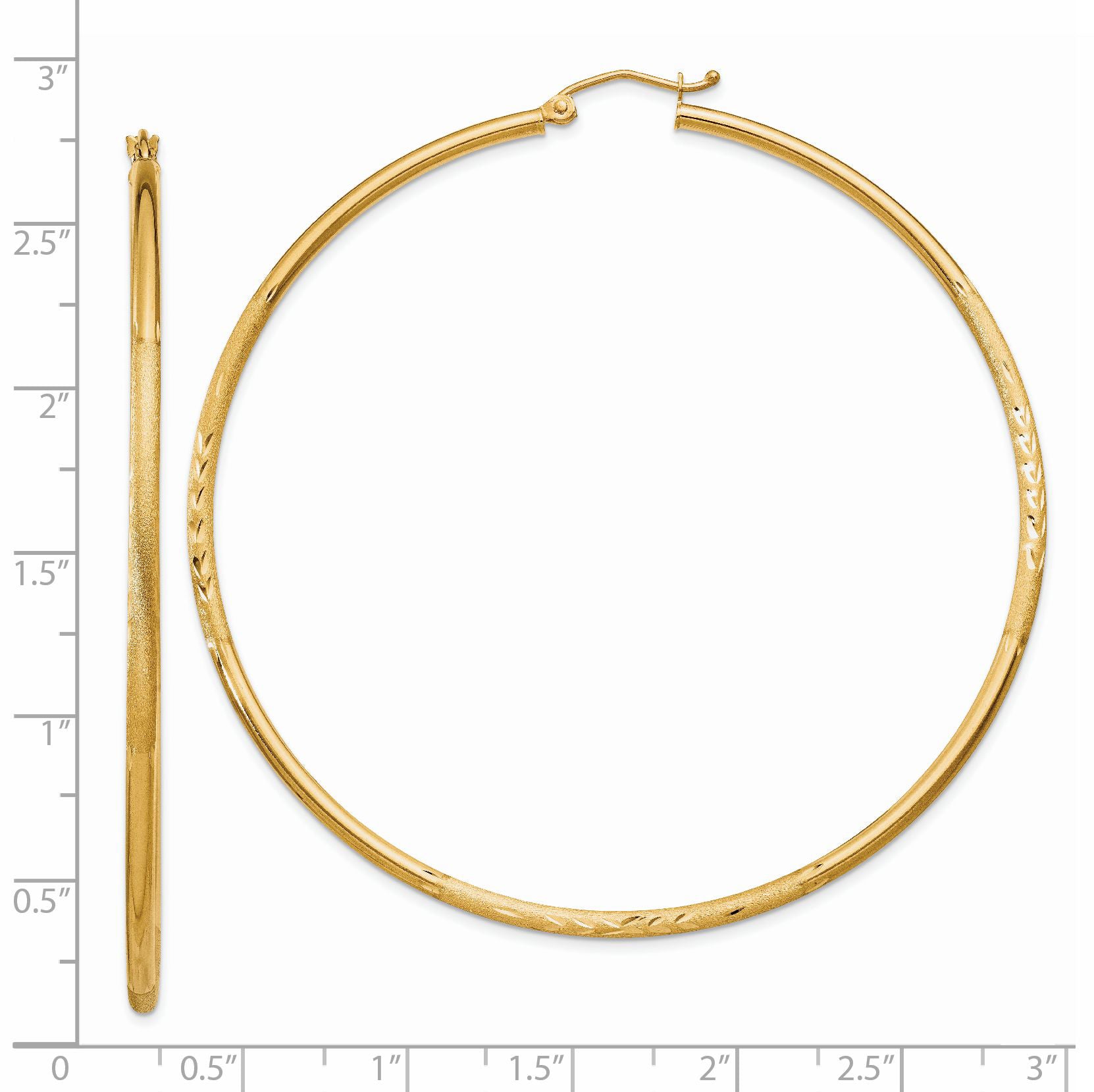 14k Satin and Diamond-cut 2mm Round Tube Hoop Earrings