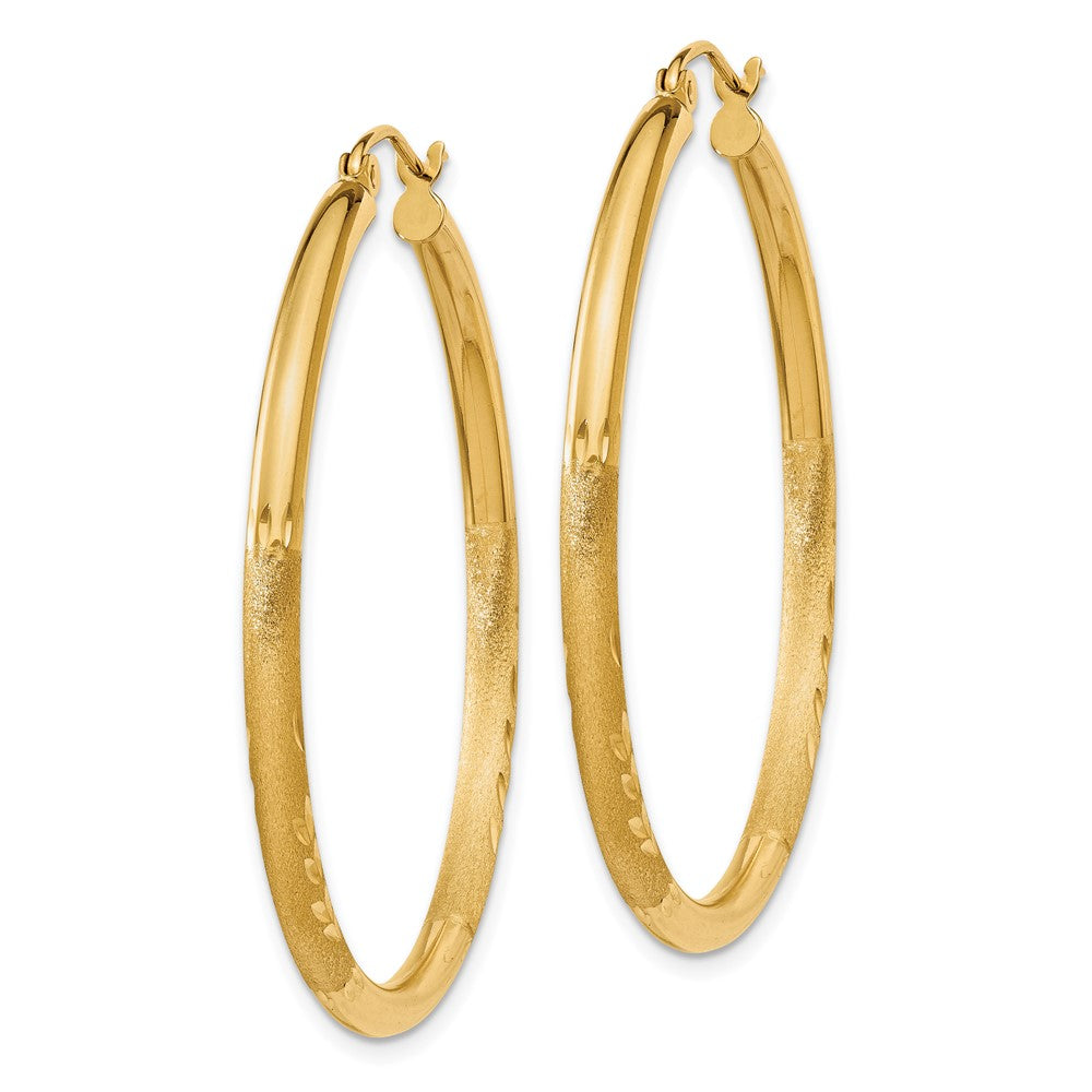 14k Satin and Diamond-cut 2.5mm Round Hoop Earrings