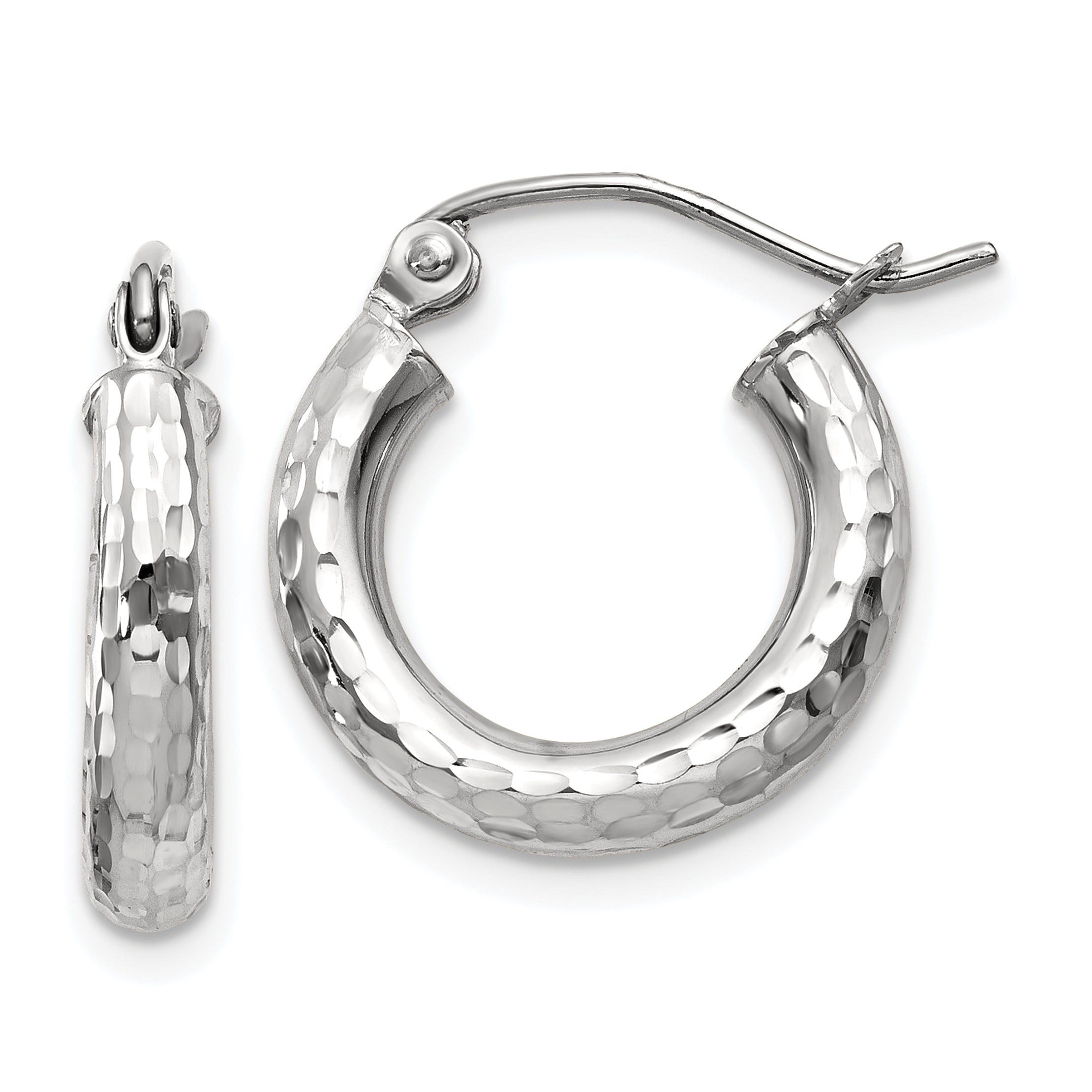 14k White Gold Diamond-cut 3mm Round Hoop Earrings
