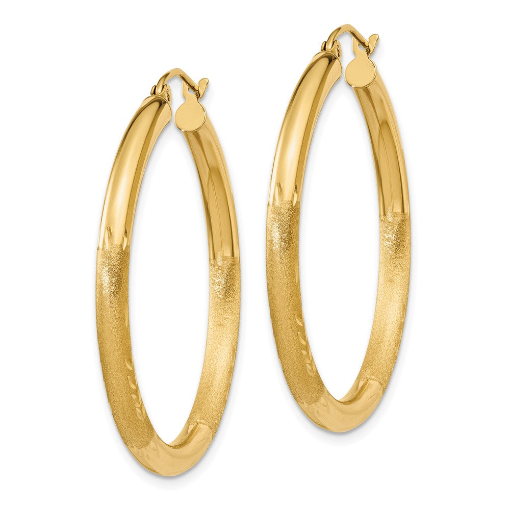 14k Satin and Diamond-cut 3mm Round Hoop Earrings
