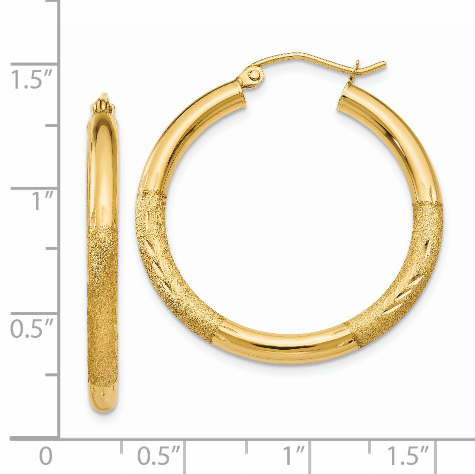14k Satin and Diamond-cut 3mm Round Hoop Earrings