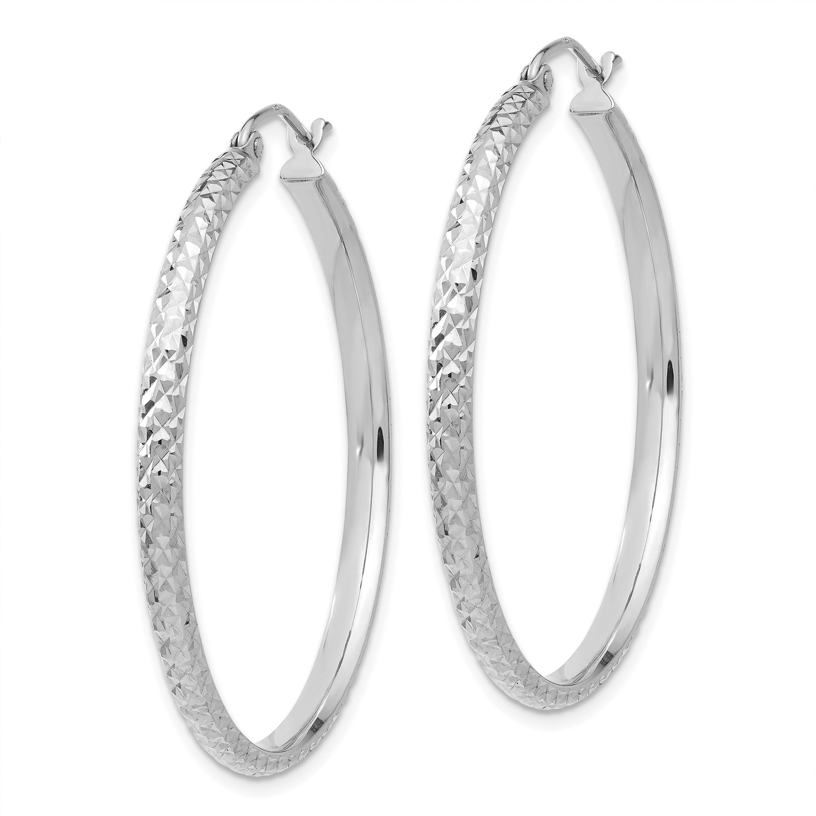 14K White Gold Diamond-cut 2.8x37mm Hollow Hoop Earrings
