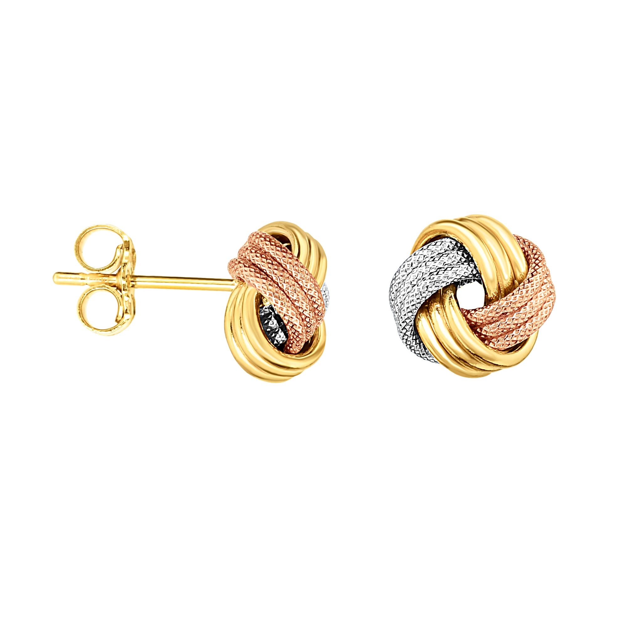14K Tri-Color Gold Polished & Diamond Cut Love Knot Stud Earring