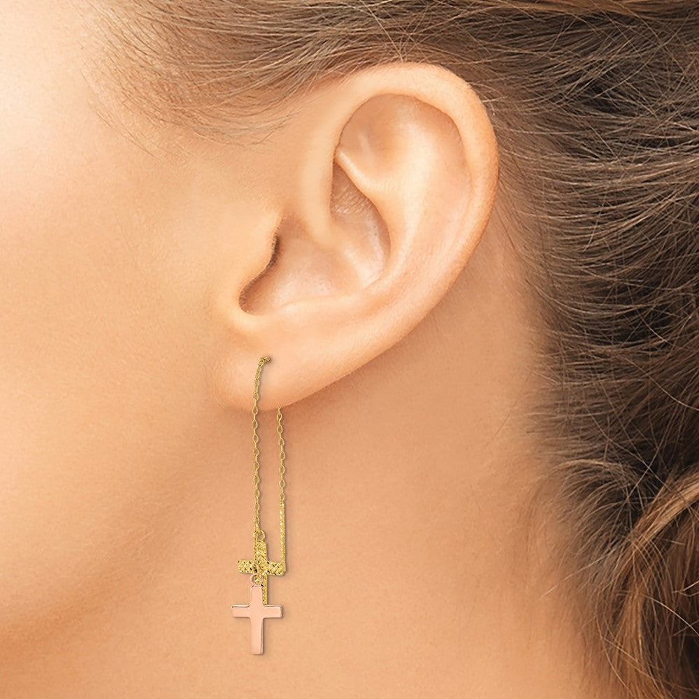 14k Yellow & Rose D/C Polished Crosses Threader Earrings
