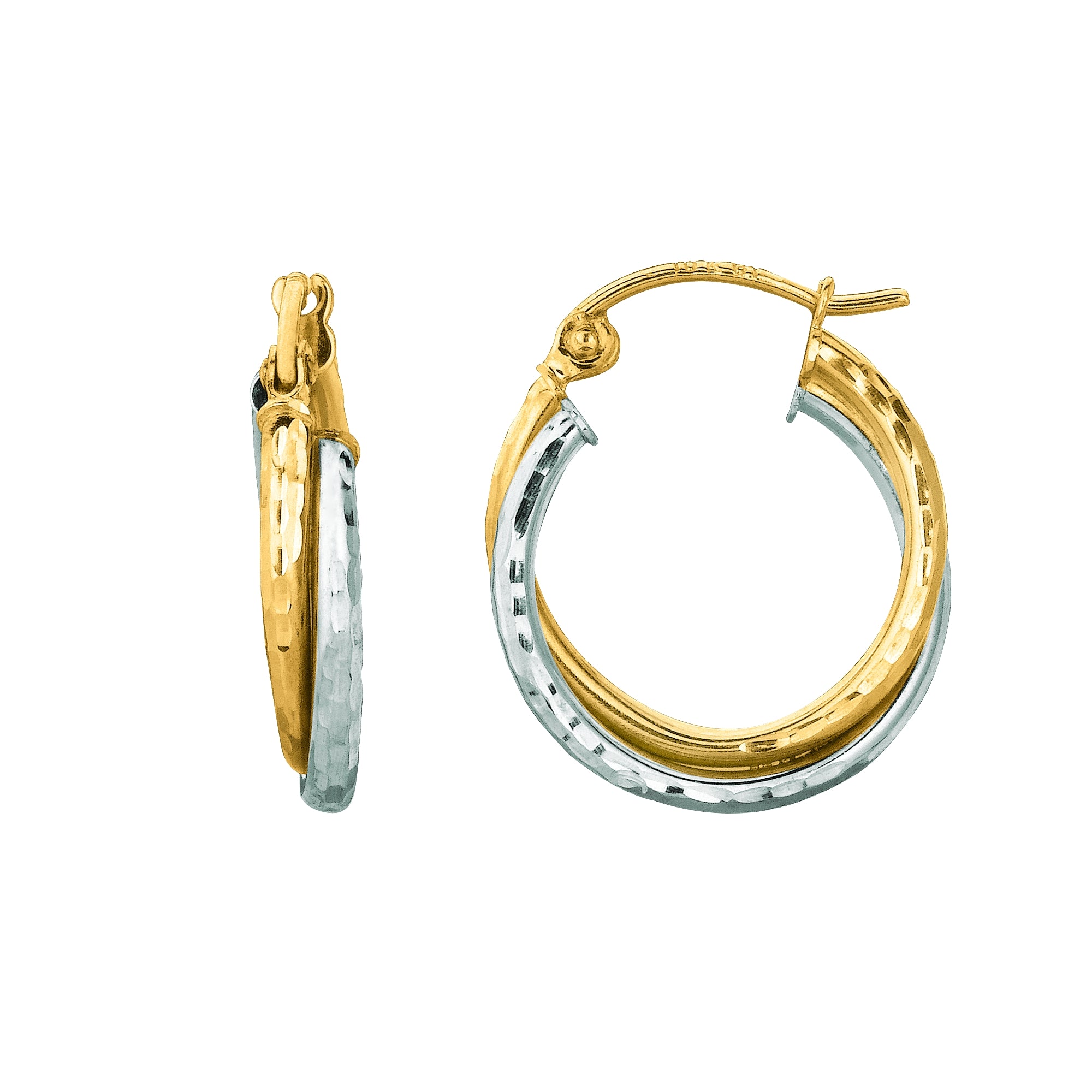 14K Yellow And White Gold Double Row Diamond Cut Hoop Earring