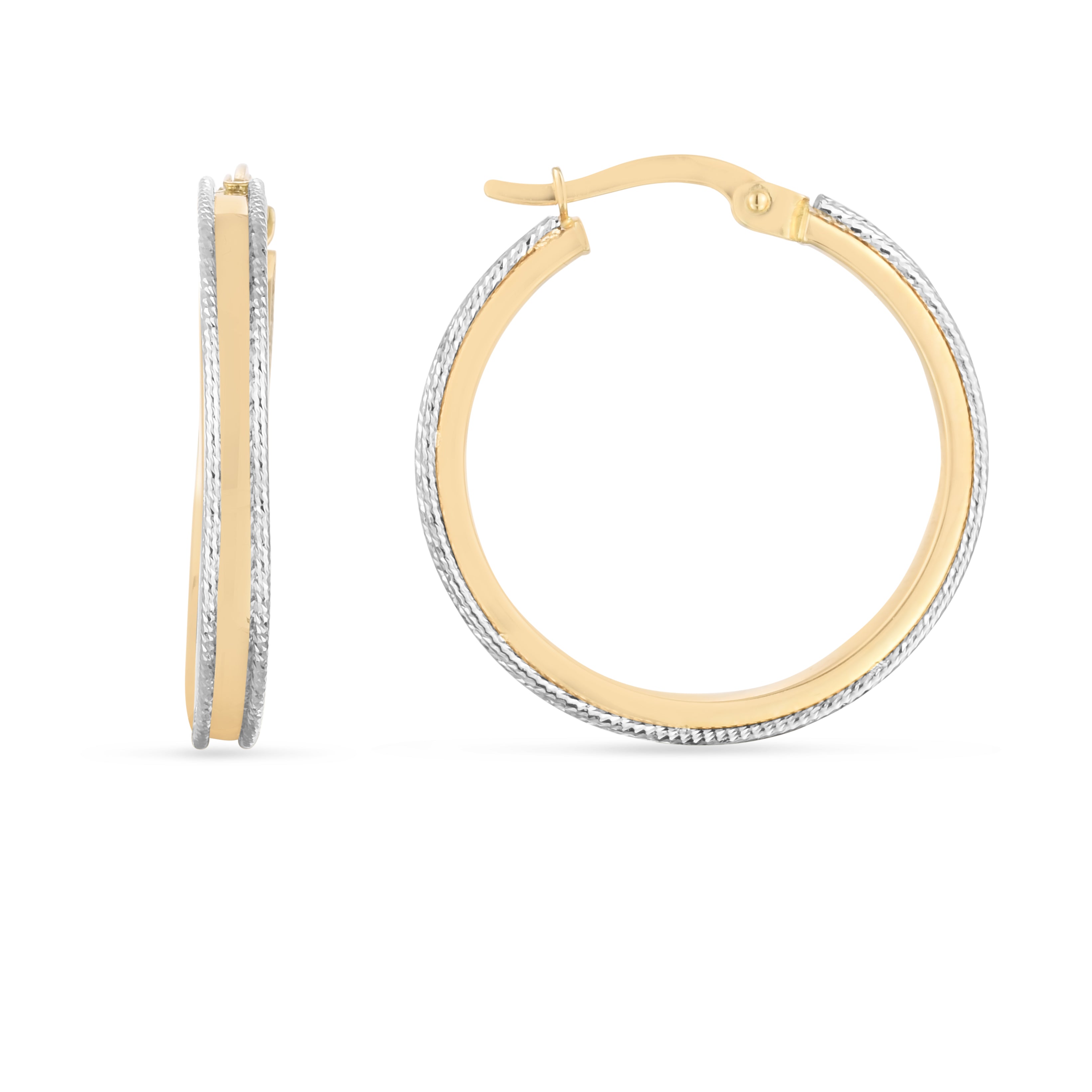 14K Two-Tone Gold Polished And Diamond Cut Round Hoop Earrings With Hinged Clasp