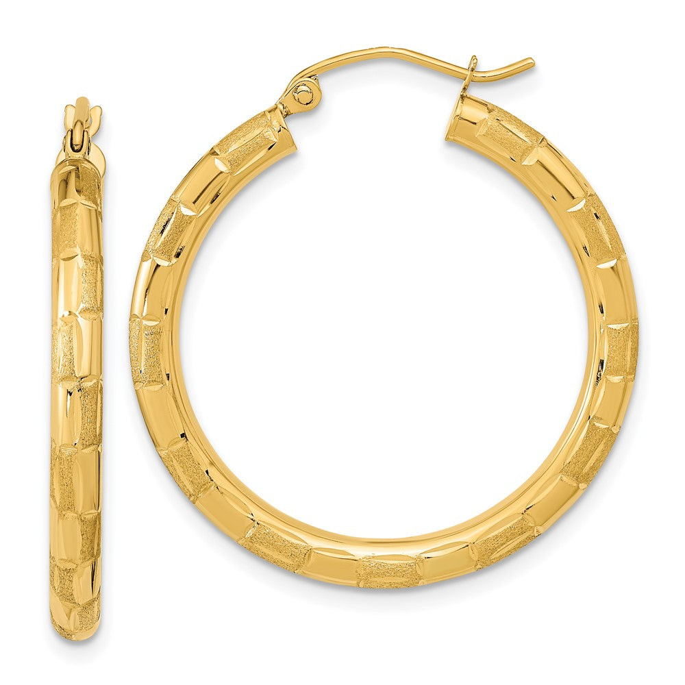 14k Polished Satin and Diamond-cut Hoop Earrings