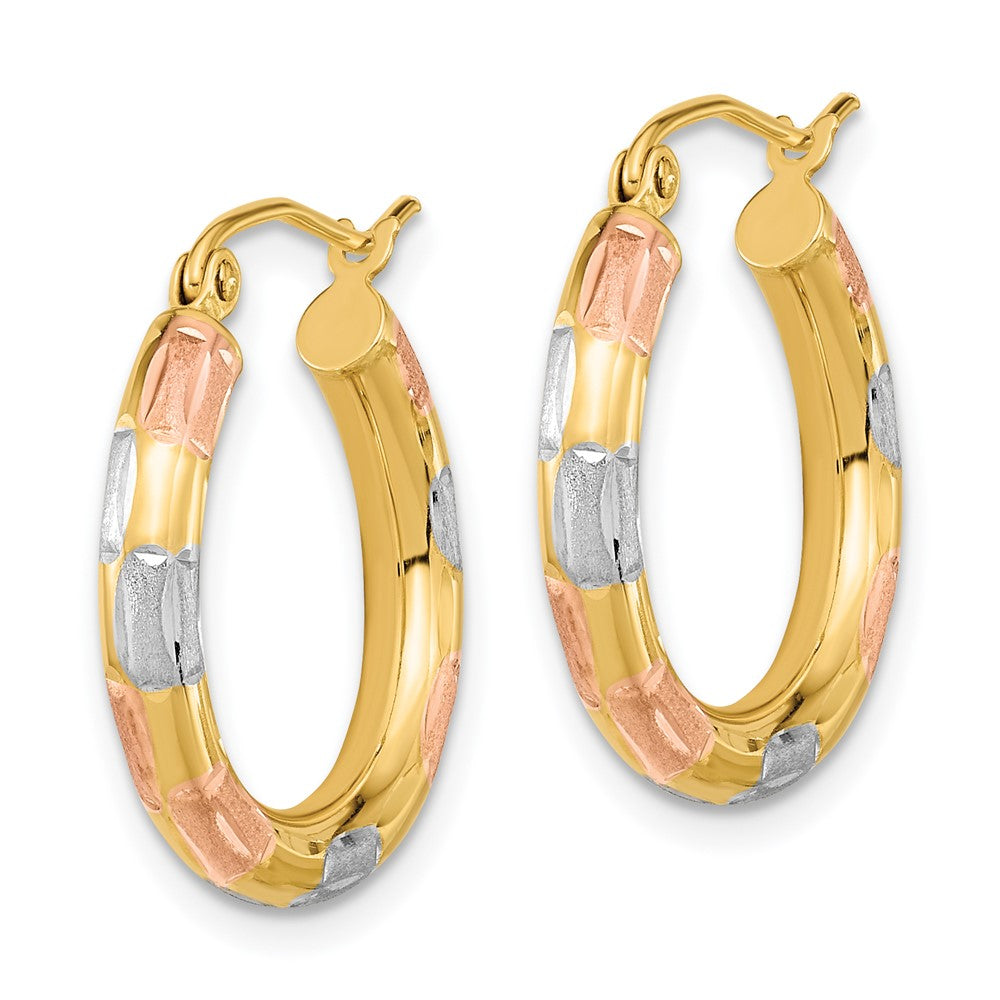 14k w/White and Rose Rhodium Polished Satin Diamond-cut Hoop Earrings