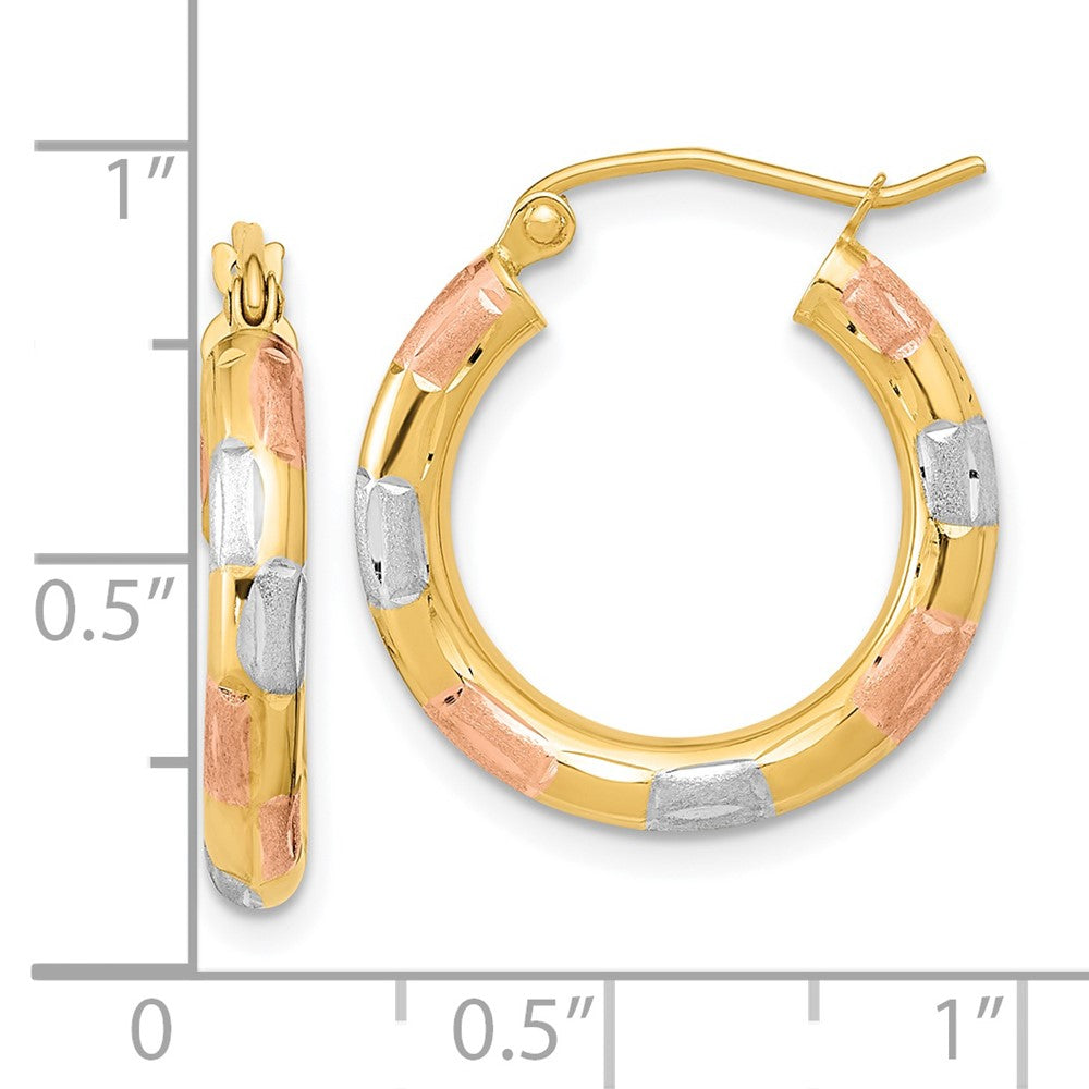 14k w/White and Rose Rhodium Polished Satin Diamond-cut Hoop Earrings