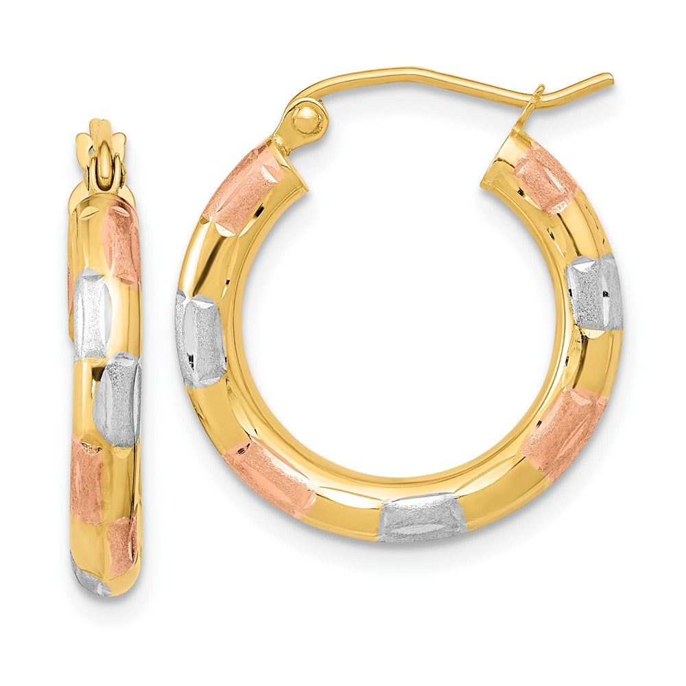 14k w/White and Rose Rhodium Polished Satin Diamond-cut Hoop Earrings