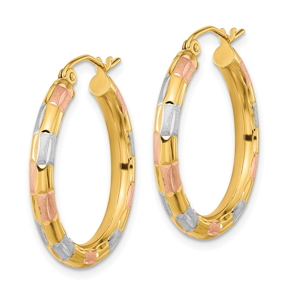 14k w/White and Rose Rhodium Polished Satin Diamond-cut Hoop Earrings