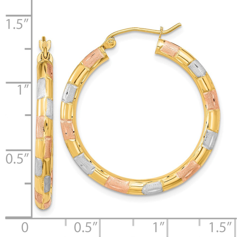 14k w/ White and Rose Rhodium Polished Satin Diamond-cut Hoop Earrings
