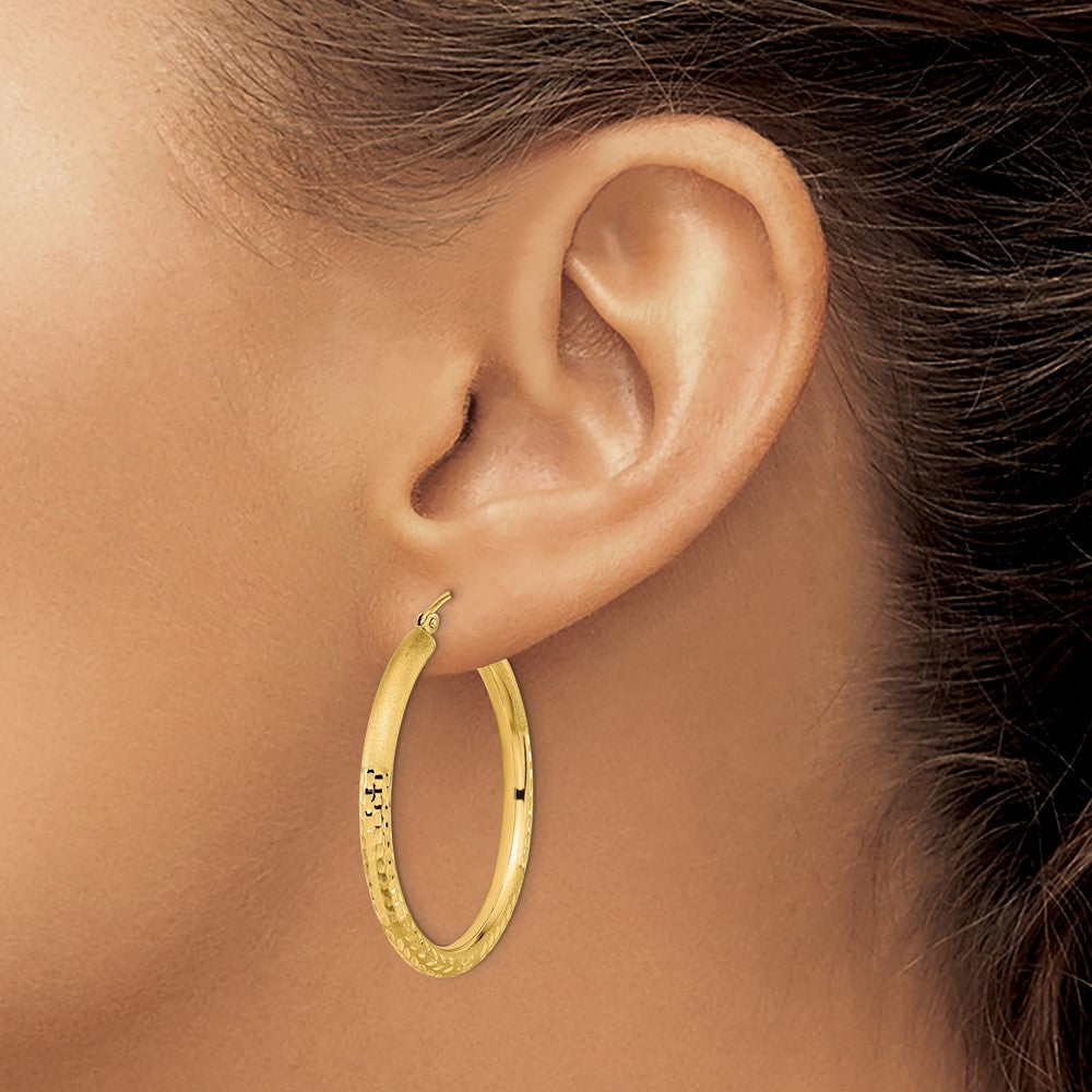 14k Polished Satin and Diamond-cut Hoop Earrings