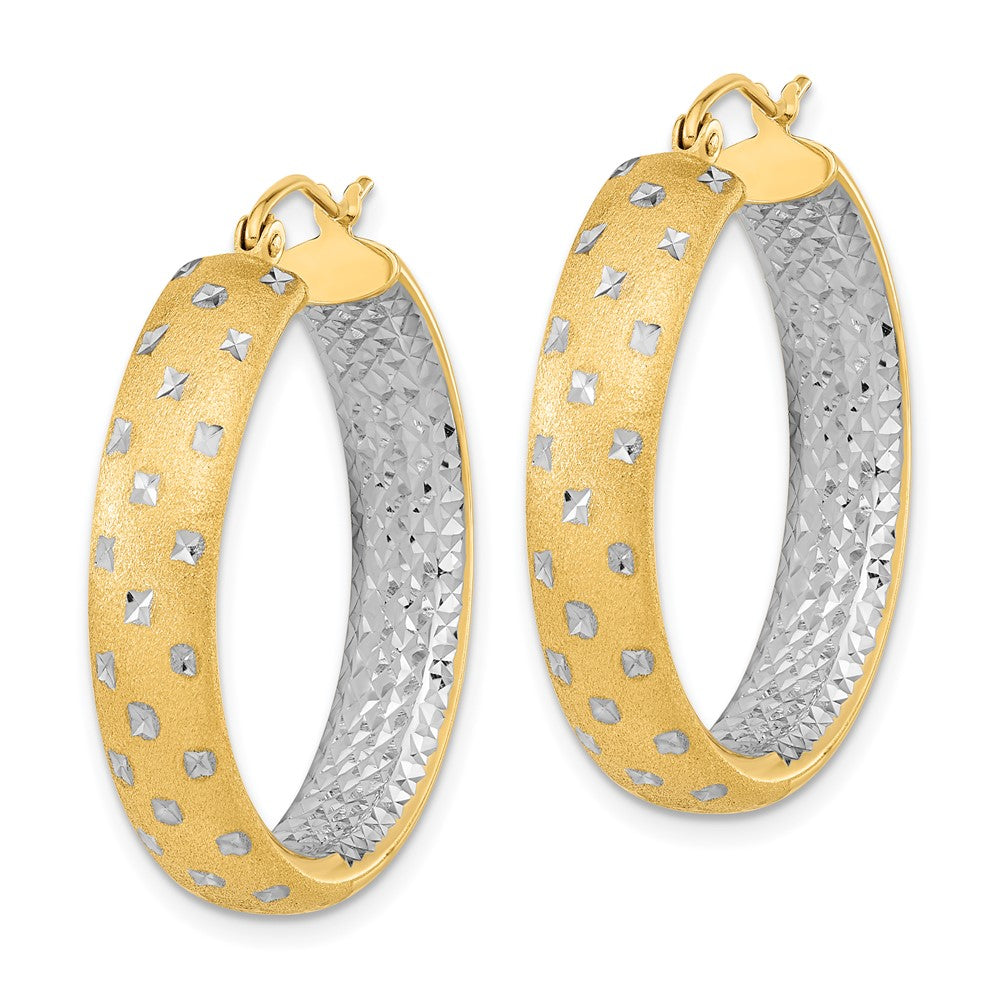 14k White Rhodium Polished Satin Diamond-cut In/Out Hoop Earrings