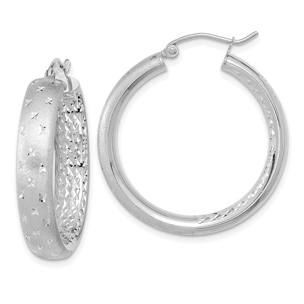 14k White Gold Polished Satin and Diamond-cut In/Out Hoop Earrings