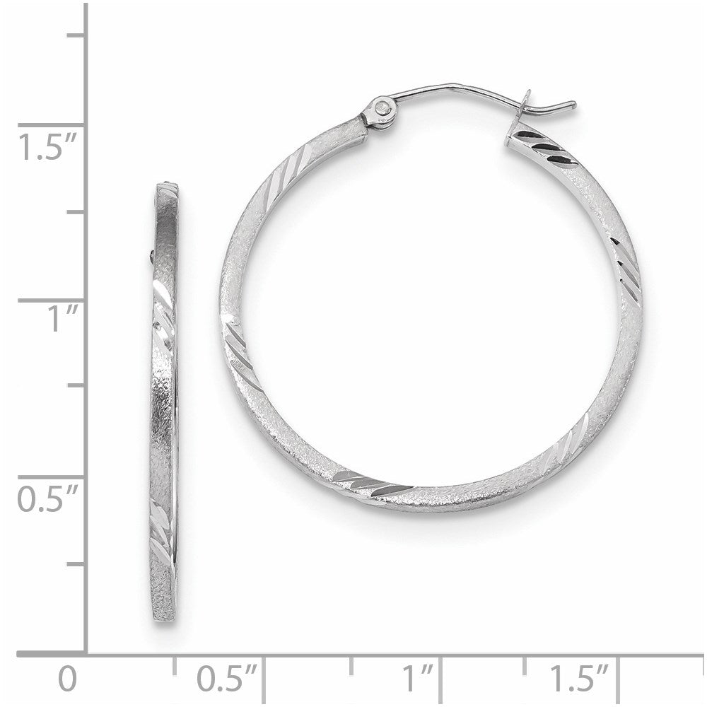 14k White Gold Satin Diamond-cut Square Tube Hoop Earrings
