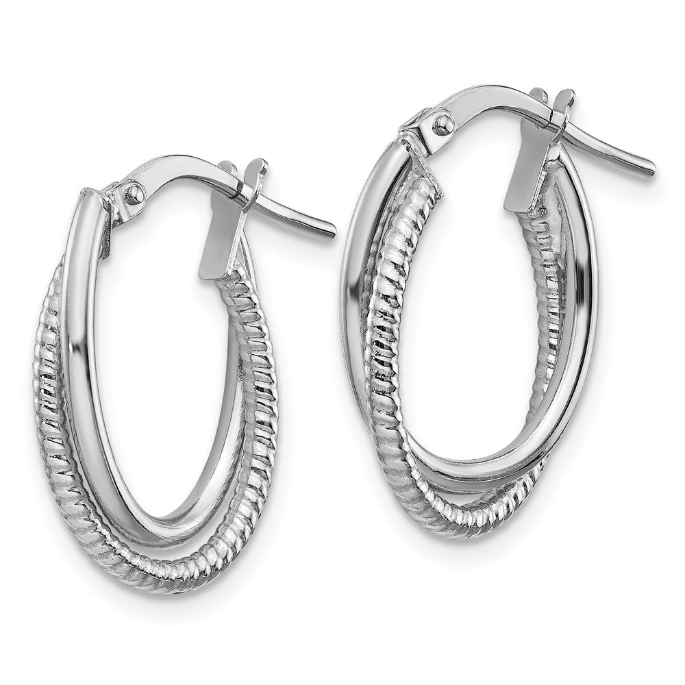 14k White Gold Polished and Textured Double Oval Hoops