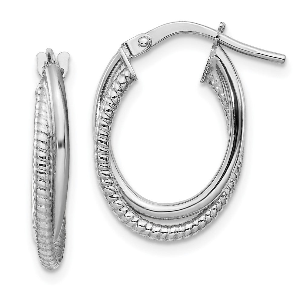 14k White Gold Polished and Textured Double Oval Hoops