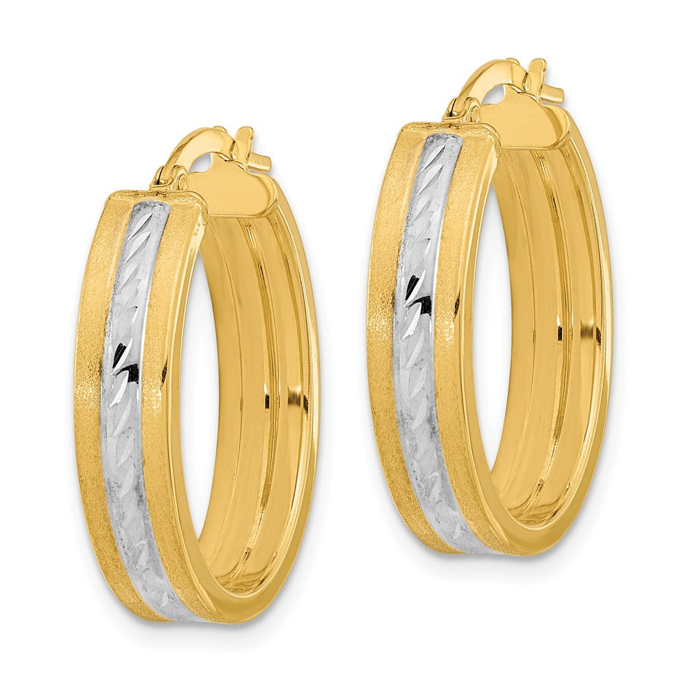 14k White Rhodium Diamond-cut Polished and Satin Hoop Earrings
